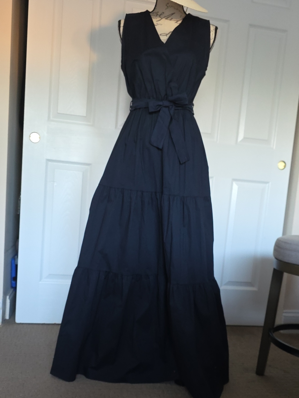 Sleeveless Navy Tiered Maxi Dress with Waist Tie
